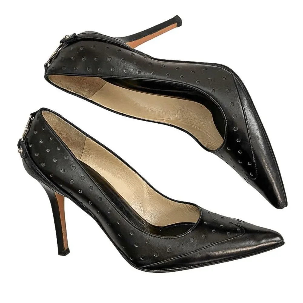 Gucci Interlocking G Black Leather Perforated Pumps Size 6 Womens High Heels - Picture 7 of 13